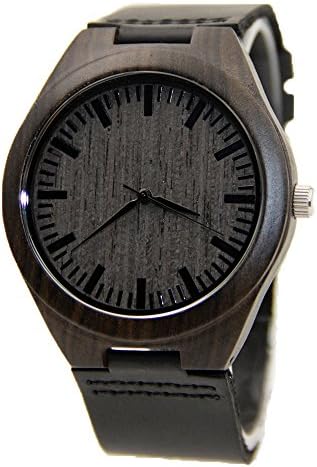 ScreamNatural Bamboo Wooden Watch with Genuine Black Leather Strap Japanese Quartz Movement Casual Watches