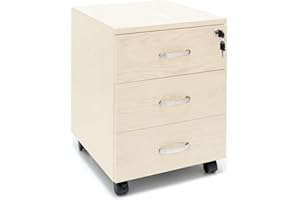 Marvin Cassettiera Ufficio In Legno Chiave Sicurezza Con Ruote Per Scrivania Tavolo 3 Cassetti Ripiani (Beige)