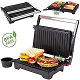TZS First Austria - elektrischer Kontaktgrill Tischgrill Sandwichtoaster 180° Öffnungswinkel | 1200 Watt Panini-Maker Multigrill | Sandwich elektro Grill | Backampel | BPA frei schwarz Sandwichgrill