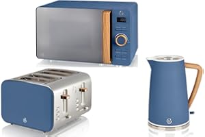 Swan Products Ltd Swan Nordic Kitchen Set in Blue Including 1.7L Jug Kettle, 4 Slice Toaster and 800W 20L Microwave. Scandinavian Design Matching Kitchen Electrical Set in Blue