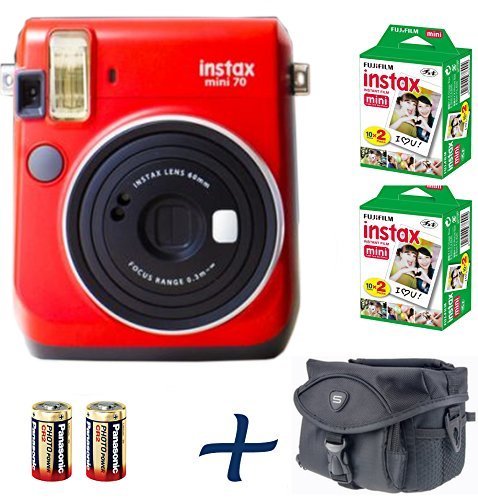 Fujifilm Instax Mini 70 Instant Camera Bundle Red + 100-shot Film + 2 Spare CR2 Battery + Case Bundle : all you need to start Instant photography