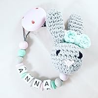 SCHNULLERKETTE mit NAMEN - großer Häkel-Hasenkopf - babyrosa, mint und hellgrau