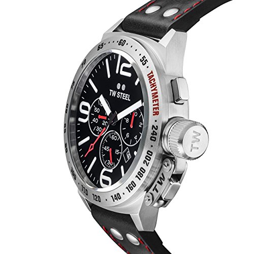 TW Steel Canteen Leather Unisex Quartz Watch with Black Dial Chronograph Display and Black Leather Strap CS10