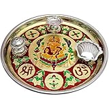 Lord Ganesh Puja Thali Plate with Meenakari Work with Incense Holder Kumkum Cantainer Diya Om Pooja Shop
