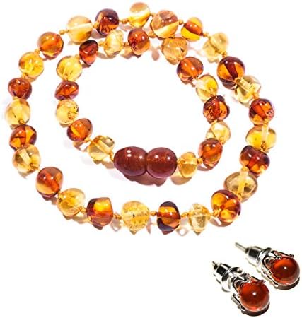 Amber Necklace 32-34 cm with Free Baltic Amber Stud Earrings ✸ INTRODUCTORY OFFER (30% OFF) ✸ 100% Genuine Premium Baltic Amber Beads (Lemon &amp; Cognac)