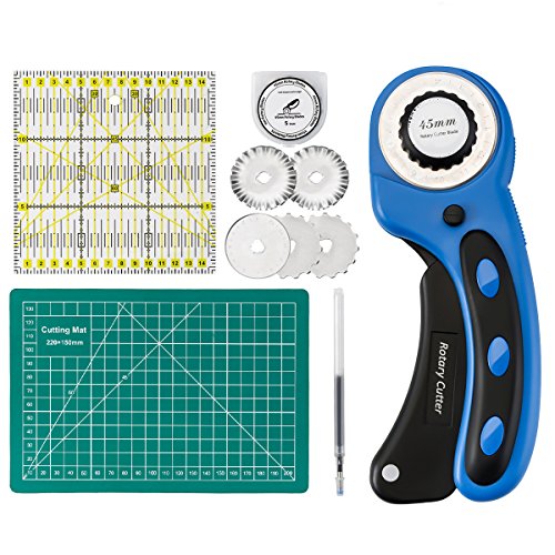 Preisvergleich Produktbild Ils - 45mm Rollschneider + 6Pcs Klingen + selbstheilende Schneidematte 22x15cm + Acryl Quilting Lineal 15x15cm