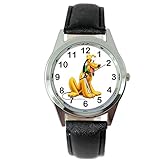 taport® Pluto Hund Quarzuhr Disney schwarz Leder Band + Gratis Ersatz Akku + Geschenk Tasche