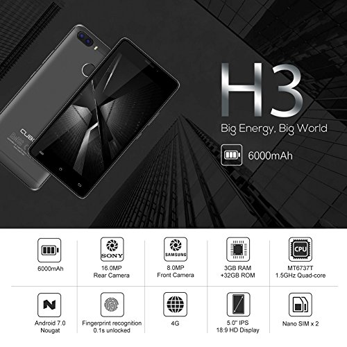 Cubot H3 4G Smartphone Ohne Vertrag (5.0 Zoll (12.7cm) Touch-Display Handy, 6000mAh Batterie, Micro USB mit OTG Funktion, 32GB Speicher, RÃ¼ckseitige 13MP+0.3MP Dual Pixel Kamera, Android 7.0) Schwarz