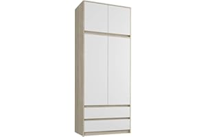 FRAMIRE B-9N szafa na ubrania z przedłużeniem, w kolorze dębu sonoma z białym, 2-drzwiowa szafa na ubrania, 2 szuflady, szafa na ubrania do sypialni, salonu, korytarza, 234 x 90 x 55 cm