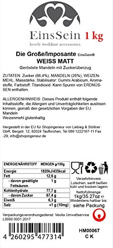 1kg Hochzeitsmandeln EinsSein® Imposante weiß matt bis zu 40 Gastgeschenken mit großer weicher Mandel Gastgeschenke Hochzeit Zuckermandeln Schokomandeln Bonboniere Bonbons Schokotafeln - 2