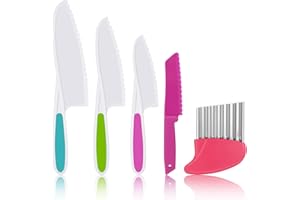 AKlamater 5PCS Kitchen Safety Knives for Kids, Children's Cooking Knives in 4 Sizes, Plastic Cutting Board Grip Serrated Edges for Vegetables Fruits Salad Cake(Pink)