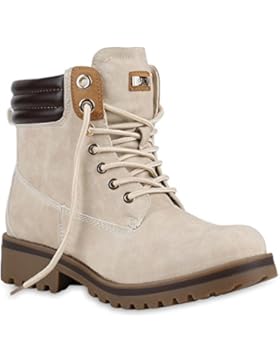 Stiefelparadies Damen Stiefeletten Worker Boots mit Blockabsatz Metallic Profilsohle Flandell