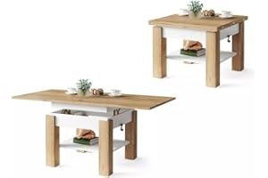 ‎ALL4ALL All4All Multifunktionaler Couchtisch Claris - Wohnzimmertisch Kaffeetisch – kompakte Größe - 130x75 cm – Höhenverstellbar – platzsparend – Gold Craft Eiche + WEIß 05