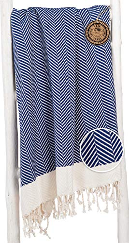 ZusenZomer Fouta Hamamtuch XXL Dilan 95x210 Blau - Leichtes Strandtuch Hammam Badetuch mit Fischgrät-Gewebe - 100% Baumwolle Handgewebt - Fair Trade Hammamtuch
