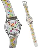 Kinderuhr Blumen - Uhr für Mädchen und Teenager - Kinder Armbanduhr - Blüten Blumenranken weiß Analog