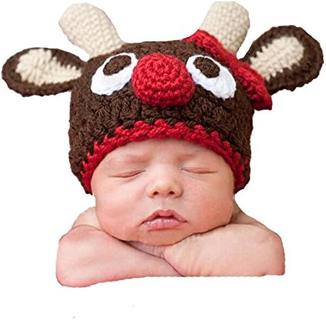 Baby Christmas Deer Photographed Warm Winter Knit Crochet Hat Newborn Baby Photography Props by Xselector