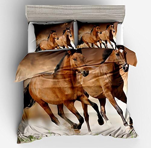SxinHome 3D Oil Galloping Brown Horses Bedding Set for Teen Boys Kids, Duvet Cover Set,3pcs 1 Duvet Cover 2 Pillowcases(No Comforter),King Size