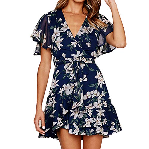 Preisvergleich Produktbild Onceal Womens Holiday Sommer Blumendruck Kurzarm Party Minikleid (XL, Weiß)