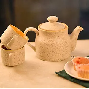 Twilight Ceramic Tea Pot and Cups Set, with Matt Marble Finish