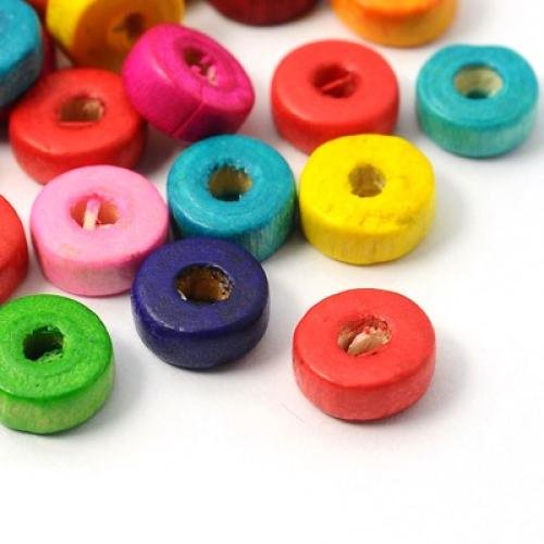 Pandahall 200 Pcs Mixed Lead Free Flat Round Wood Beads, Dyed, 8x3mm, hole: about 2mm