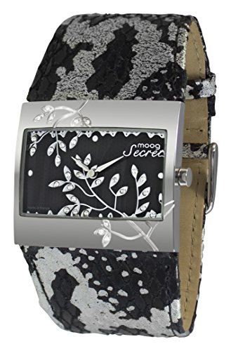 Moog Paris Secret Damen Uhr mit Schwarzem und Silbernem Zifferblatt, Swarovski Elements & Schwarzem und Silbernem Armband aus echtem Leder – M44932-101