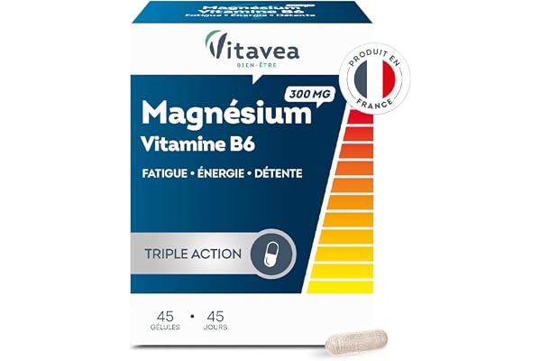 VITAVEA BIEN-ETRE - Magnésium 300 mg Vitamine B6 - Complément Alimentaire Fatigue, Détente, Energie, Relaxation, Equilibre Nerveux - Magnesium B6-45 gélules - Cure de 45 jours - Fabriqué en France