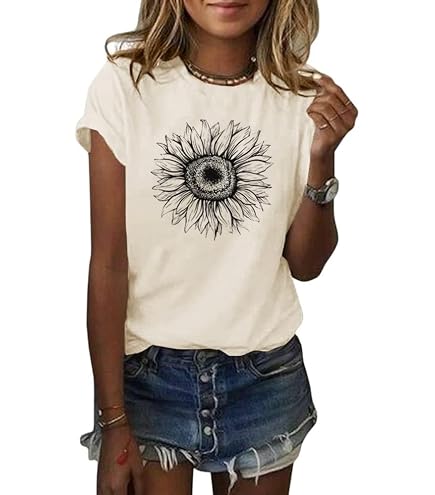 EMATOP Damen Top – Lässiges Sommer-Shirt Mit Feder-Druck, Baumwolle, Kurzarm