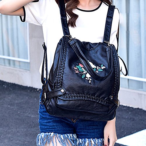 Dame Frauen Weiche Leder Rucksack College Umhängetasche Rucksack Umhängetasche Schwarz Black2