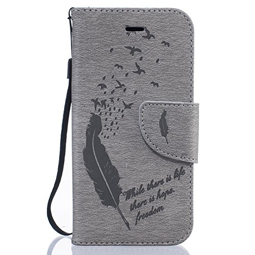 Aeeque® Gris Etui iPhone 7 Plus, Mode Plume Motif Shock de Absorption Housse Coque Portefeuille a Rabat Protection en Cuir avec Lanyard Dragonne et Support Fonction pour iPhone 7plus 5.5