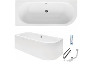 ECOLAM Baignoire de coin Avita 180x80 cm gauche | ideale pour deux personnes | Tablier en acrylique + pieds + siphon et silicone | Set complet | Acrylique blanc