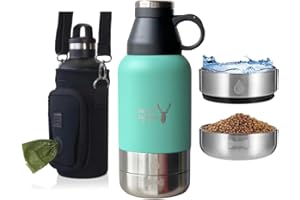DAPPER MAXIMUS Blue stainless steel outdoor portable dog water bottle and insulated flask with detachable bowls and multifunctional lid for long walks, days out and travel - 32oz/910ml