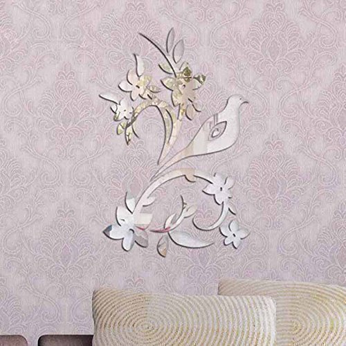 Walplus Mirror Wall Art  "Bird Tree"  Wall Stickers Removable Self-Adhesive Mural Decals Vinyl Home Decoration DIY Living Bedroom Office Décor Kids Room, Silver