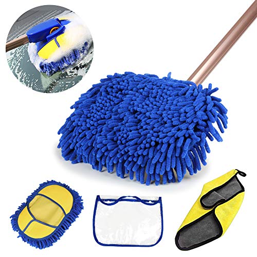 GES Car Wash Brush?Chenille Ultra Plush Telescopic Detachable Extendable Fast Water Flow Washing Brush with Replaceable Chenille Head and Rag (Blue brush +1 head+1 rag)