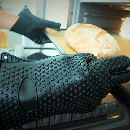 PUMPKO Hochwertige Silikon Ofenhandschuhe | Profi Kochhandschuhe | Classic feuerbeständige Kaminhandschuhe | feuerfest, rutschfest und hitzebeständig | Links und Rechts (Schwarz) - 5