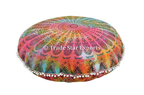 Groß Rund Bodenkissen, Abbindebatik Mandala Kopfkissen 81,3 cm dekorativer Überwurf-, Indian Pouf Polsterhocker, Boho Außenkissenbezug, POM POM kissenrollen