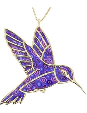 Vergoldete 925 Sterling Silber Kolibri Halskette - 35x48mm Anhänger aus Polymer Fimo, 45cm Gold-Filled Kette -...