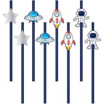 Amscan 8 Papier-Trinkhalme *ASTRONAUT* Mit Sticker - Für Weltraum-Mottoparty & Kindergeburtstag