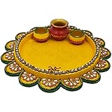 Style n Crafts Wooden & Paper Mache Flower Shape Pooja Thali with Kundna Work