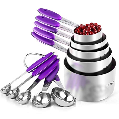 U-Taste Tasse Mesurer Cuillère Mesurer Lot de 10/5 Tasses+5 Cuillères Cuillère Doseuse en Acier Inoxydable 18/8 Measuring Cups Mesureur Cuisine AVCE Poignées en Silicone Ustensiles de Cuisine Violet