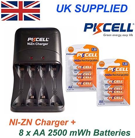 PKCELL Ni-Zn 8 x 1.6v 2500mwh AA Batteries plus Ni-Zn AA &amp; AAA High Performance Charger Kit 2 Pin
