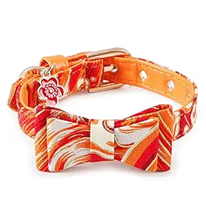 Pets Empire Cat Japanese-Style Bow Cat Collar PU Collar Bell Bow Pet Cat Tie Adjustable Neck 17-24cm Width- 1cm -Orange