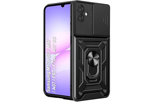 TheGiftKart Tough Armor Bumper Back Cover Case for Samsung Galaxy M17e 5G / M07 / A07 / F07 / F70e / A07 5G Kickstand & Ring Holder 360 Degree Protection (PC & TPU, Sliding Camera Cover, Black)