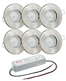 Lieferumfang: 6x Einbaustrahler IP65 Edelstahl gebürstet | 6x MR16 12Volt Fassung | 6x MR16 12Volt 4,5Watt LED Leuchtmittel warmweiss | 1x 50W LED Trafo (Maße: B: 39mm, 155mm, H: 31mm)