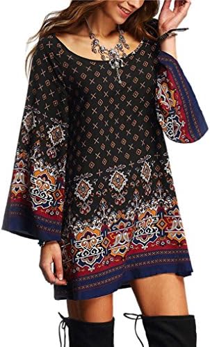 Qusital Dress Women's Summer Boho Floral Printed Long Sleeve Dress Casual Loose Dress Evening Party Beach Mini Dresses Sundress (XL, Multicolor)
