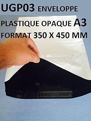 UNIVERS GRAPHIQUE Lot de 50 Enveloppes plastique blanches opaques A3 350 x 450 mm ,pochettes d'expédition 35x45 cm 60 microns. Enveloppe fine 22g, légère, solide , inviolable et imperméable.