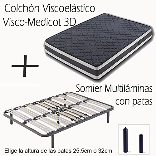 HOGAR24 ES Somier Multiláminas con Regulación Lumbar + Colchón Viscoelástico Doble Cara Visco-Medicot 3D