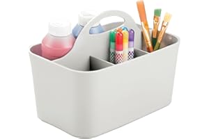 mDesign boite de rangement idéale pour fourniture de bureau – pot a crayon en plastique à 4 compartiments – rangement bureau gris clair transportable grâce à ses poignées