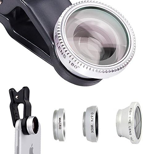 ECVILLA 3 in1 Clip-On 170 Degree Supreme Fisheye + 0.67X Wide Angle+ 10X Macro Lens for iPhone 6 6s 7, Samsung HTC LG Huawei and Other Phone or Tablet (Silver)