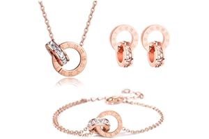 RPAEOY Schmuckset für Damen und Mädchen Zirkonia Edelstahl Römische Ziffern Kreis Anhänger Halskette Ohrringe Armband Set 18K Vergoldet Versilbert Schmuck Set Brautschmuck