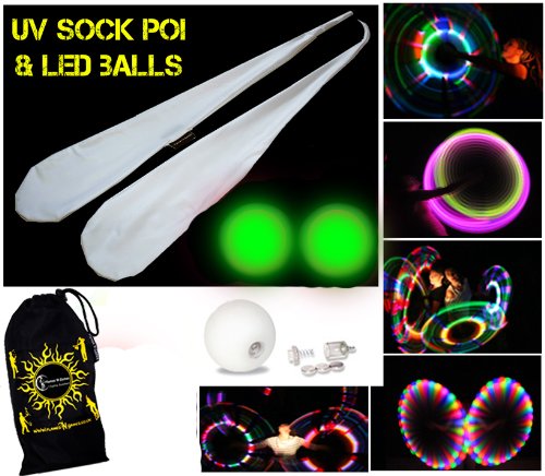 Lycra extensible Paire de blanc Chaussettes de Bolas (Sock Poi) Flames N Games avec 2x ultra-lumineux LED Glow balles (Vert)